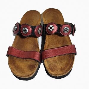 Naot Marissa Slides Sandals Flame Red Maroon Shimmer Leather Women 37/6 Crystals